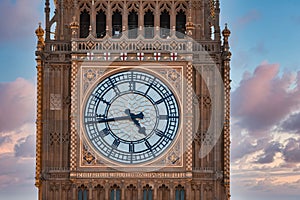Close up view of the Big Ben clock tower and Westminster in London.