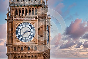 Close up view of the Big Ben clock tower and Westminster in London.