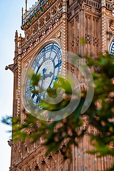 Close up view of the Big Ben clock tower and Westminster in London.