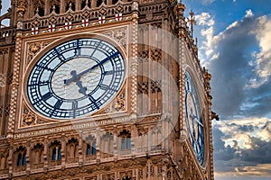 Close up view of the Big Ben clock tower and Westminster in London.