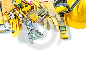 Close up view on big set of construction tools isolated on white background