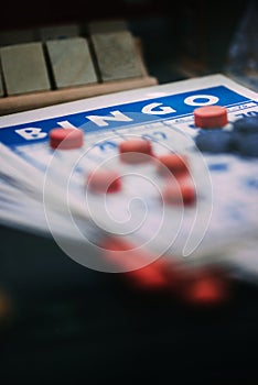 Close-up View of a Bingo Card and Red Markers During a Game Session