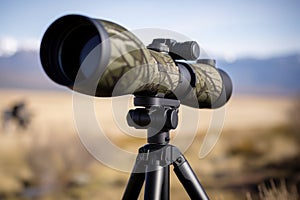 close-up view of birdwatchers camera with a powerful telephoto lens