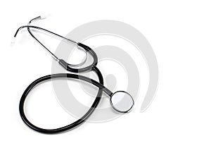 Close up view of black stethoscope isolated on white background