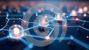 A close-up view of a blockchain network with glowing links connecting various blocks, symbolizing secure cryptocurrency