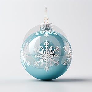 Close up view of blue Christmas ball with white snowflakes paintings. Decoration shiny bauble isolated white background. Design of