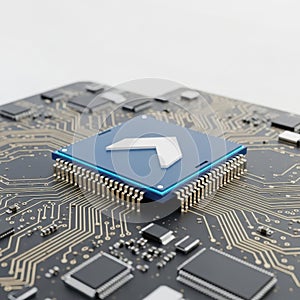 Close-up view of a blue computer microchip on a circuit board