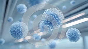 Close-up view of blue microscopic virus particles floating in a blurred sterile laboratory environment with natural light and