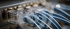 The close-up view of blue network cables connected to a data switch. AI generated image