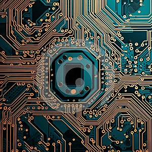 Close up view of a blue and orange circuit board. Electronic microchip with tracks