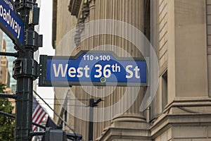 Close up view of blue road sign direction West 36th  street and Broadway. New York.