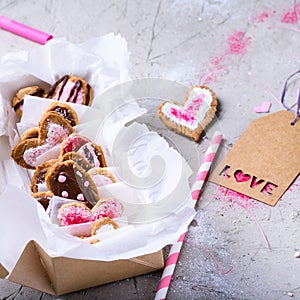 Close-up view of box with sweet gourmet valentines cookies with love label