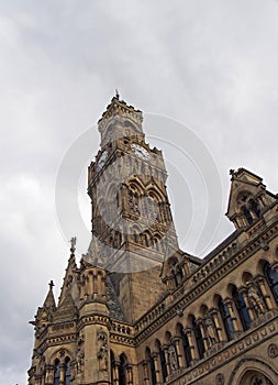 close up view of bradford city hall in west yorkshire a victorian gothic revival sandstone building with statues and clock tower