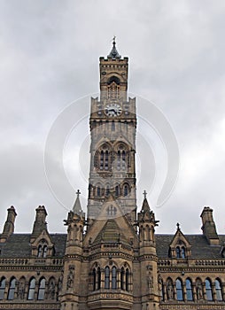 Close up view of bradford city hall in west yorkshire a victorian gothic revival sandstone building with statues and clock tower