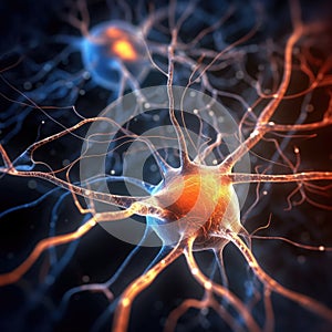 Close-up view of brain, with neurons and nerve cells visible. These neural structures are illuminated in various