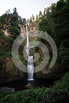 Close up view of the bridge at Multnomah Falls in the Oregon Columbia River Gorge. Daytime long exposure