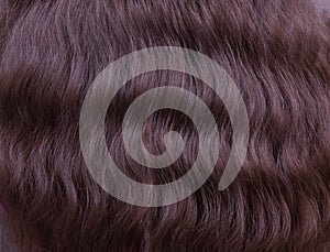 Close-up view of a bunch of shiny curls of brown hair. Background of female long hair close up. Curly long hair. copy
