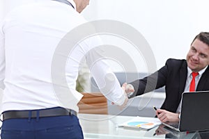 Close up view of business partnership handshake concept.Photo of two businessman handshaking process.Successful deal