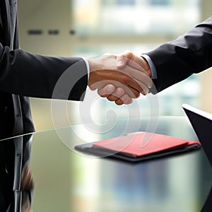 Close up view of business partnership handshake. Concept two businessman handshaking process. Successful deal after
