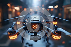 Close-up view of a camera installed on a drone, with details of the lenses and casing