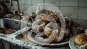 Close-up view captures a kitchen sink piled with expired bread and pastries, their mold and staleness highlighting the issue of