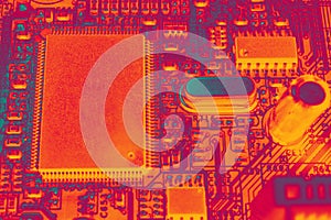 Close up view of central computer processor CPU blank microchip for copy space. Motherboard circuit background