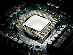 Close-up view of a central processing unit on a circuit board