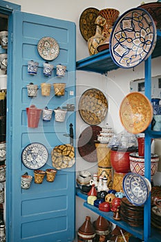 Close up view of ceramic objects, classic Moroccan crafts in Tetouan