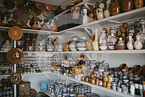 Close up view of ceramic objects, classic Moroccan crafts in Tetouan