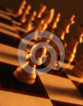 Close up view of chess board showing white pieces