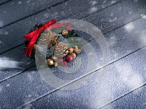 Close up view of christmas and new year wreath on wooden