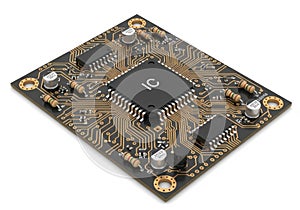 Close-up view of a circuit board with a central microcontroller chip and components