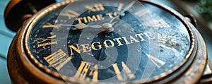 A close up view of a clock with the phrase TIME TO NEGOTIATE indicating the crucial moment to discuss terms, engage in