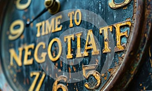A close up view of a clock with the phrase TIME TO NEGOTIATE indicating the crucial moment to discuss terms, engage in