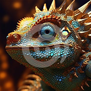 Close up view of a Closeup lizard and gold filigree. Generative Ai