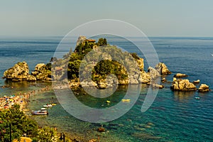 A close up view of the coastline and Isola Bella, Taormina, Sicily