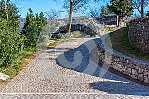 Close up view of cobblestone road leading from Trsat castle