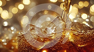 A close-up view of cola drink flowing into a glass, with a dark background