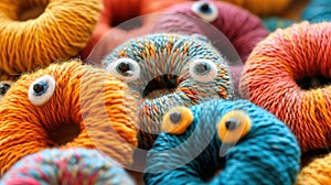 A close-up view of a collection of yarn and knitted donuts with expressive eyes, blending creativity and whimsy in a charming