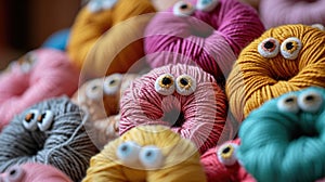A close-up view of a collection of yarn and knitted donuts with expressive eyes, blending creativity and whimsy in a charming