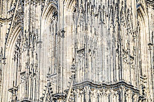 Close-up view of Cologne Cathedral Catholic Church gothic style building wall facade