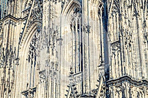 Close-up view of Cologne Cathedral Catholic Church gothic style building wall facade