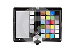 Close up view of color checker equipment of professional photographer