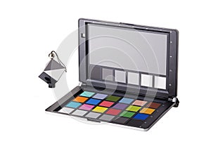 Close up view of color checker equipment of professional photographer