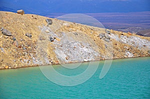 Close Up view of colorful Emerald lake and volcanic landscape, Tongariro Alpine Crossing, North Island, New Zealand