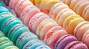 A close up view of colorful macarons shows rows of delicious French confections, Ai Generated
