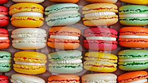 A close up view of colorful macarons shows rows of delicious French confections, Ai Generated