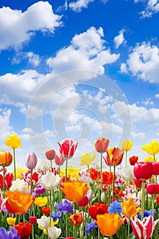 close-up view of colorful tulips in a field, bathed in the warm sunlight of a beautiful spring day.