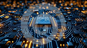 Close-up view of a complex circuit board highlighting intricate pathways and glowing components in a dark setting