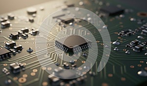 Close-up view of a complex circuit board showcasing intricate components and pathways in soft light